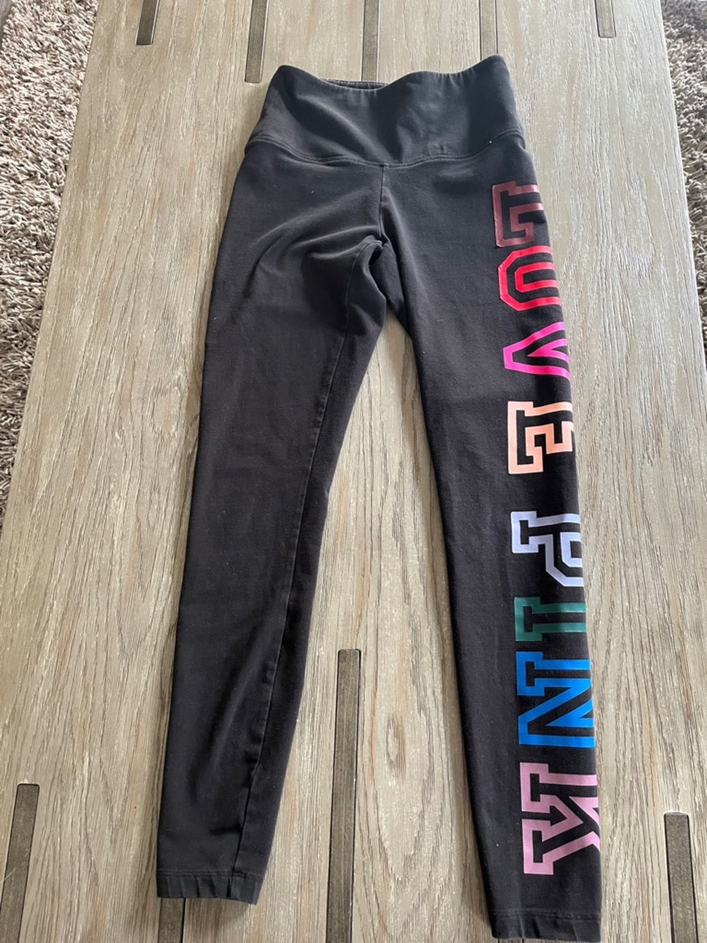 PINK Victoria's Secret Black Leggings with Multicolor Side Logo